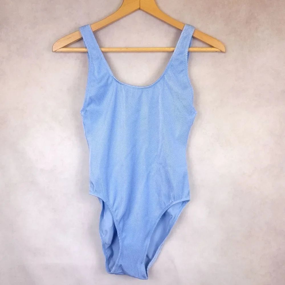 Vintage Head High Cut Open Back Blue Ribbed One Piece Swimsuit
